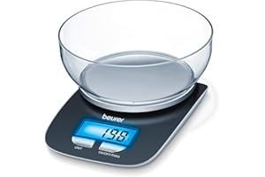 Beurer KS 25 Balanza de cocina con bol transparente, función auto-tara, 3 kg/1 gr, pantalla LCD azul (6.6 x 2.8 cm), altura pantalla 2.2 cm, color negro plata