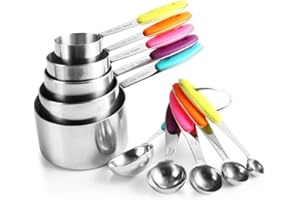 XINGXINRONG Cups Messlöffel Set Edelstahl 5 Messbecher 5 Messlöffel 2 runden Ringen Silikongriff Graviert mit US- und Internationale Maßeskala Spülmaschinenfest Koch- und Backzubehör für die Küche