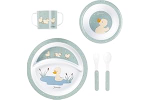 Sterntaler Geschirrset Ente Edda Lou steingrün, 5er Set für Jungen und Mädchen bestehend aus Henkeltasse, Teller, Breischale,jeweils mit rutschfester Unterseite und Löffel und Gabel