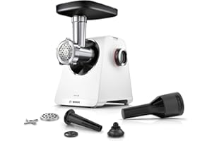 ‎BOSCH Bosch MultiPower Serie 6 Fleischwolf MFWS607W, 2 Lochscheiben (4,5 und 8 mm), Edelstahl, spülmaschinenfest, Kebbe- und Wurst-Aufsatz, Motorblockleistung 2.100 W, Weiß