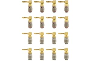 Nakamichi FanLock Excel Series 24k Gold Plated Right-Angle 90 Degree Banana Plug 10 AWG - 18 AWG Gauge Size 4mm for Speakers Amplifier Hi-Fi Home Theatre Wire Cable Quick Connector, 16 Pcs (8-Pairs)