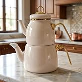 Deconox İ&ccedil;ten Kaplamalı Emaye &Ccedil;aydanlık Takımı - Gold Detaylı Nostaljik Alt &Uuml;st &Ccedil;ay Seti (1.2 Litre + 2 Litre) - 3 Renk Se&ccedil;en