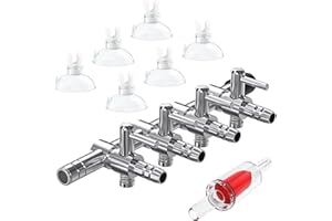 Pawfly 4-Wege-Luftverteiler Edelstahl Luftstromregler Rückschlagventil für Luftpumpen Fischtank Multi-Port Verteiler Aquarium Luftregelventil mit 1 Rückschlagventil und 6 Saugnapf-Clips
