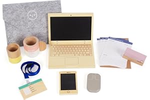 WOODENFUN Pretend Play Home Office Set for Kids, 10pcs Office Set with Wooden Toy, Preschool Laptop Phone, Age 3+