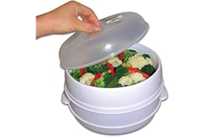 AMBERLINNEN LTD Microwave 2 Tier Vegetable Steamer Pasta Rice Fish Steaming Pot Healthy Eating | Ideal for Fish, Meat, Rice & Vegetables | Healthy meals in minutes, Steam release vent