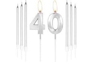 mciskin Silver 40 Birthday Candles-3D Number 40 Candle for Cake with 6pcs Long/Thin Candles Set,Silver Cake Topper for Women Men 40th Birthday Decorations Supplies,40th Wedding Anniversary Décor