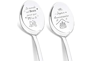 DIKARIYA Cadeau Anniversaire Femme, 2 Pièces Cuillère à Café Acier Inoxydable, Joyeux Anniversaire, Cuillères Gravées, Cadeau Femme Original Idee, Personnalisé Cadeau pour Meilleure Amie, Soeur, Maman
