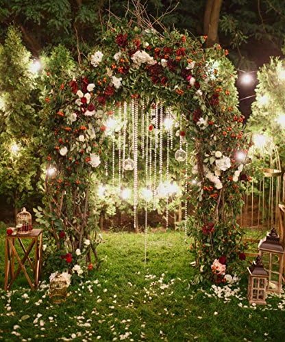 Night Wedding Decor Backdrop for Photography Flower Arch Tree with Light Green Grass Romantic Garden Photo Booth Background (8x10 ft)