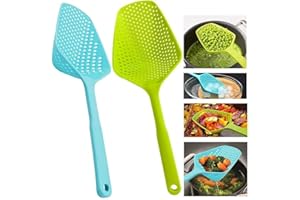Acooruiteng Strainer Slotted Spoon Cooking Skimmer Ladle with Comfort Handle and Hanging Holes - 2 Pcs