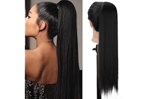 JUZIVIEE Pferdeschwanz Haarteil Extension Schwarz Lang Glatt Haarverlängerunge Verlängerung Kunsthaar Natürliches Ponytail Zopf Clip in Magic Paste Wrap Around Ponytail Hairpiece ca.60cm/24zoll 071A
