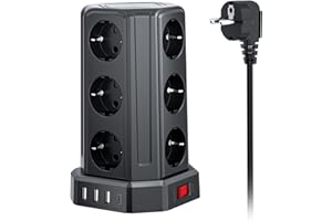 SAMERIVER Torre Regletas Enchufes con Cable 5M, Regleta USB 12 Tomas de AC Corrientes y 4 USB, 3680W/16A, Regreltas Vertical con Interruptor para Mesa, Oficia, Casa