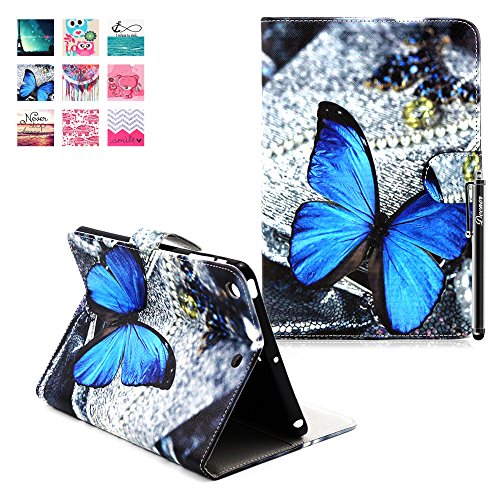 iPad Mini 3 Hülle, Deenor Dark blue butterfly Pattern PU Leder Abdeckung Stand Flip Schutzhülle Hülle für Apple iPad Mini 1/2/3 Generation. (Dark blue butterfly)