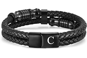 TOLOWOBK Mens Leather Bracelet Engraved A-Z Letters, Initial Bracelet for Men Gifts for Dad Son Husband Brother Double Layer Leather Bracelets for Men Boys Christmas Anniversary Birthday Gifts