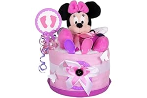 WINDELTORTEZURGEBURT.DE MomsStory - kleine Windeltorte Mädchen | Windelgeschenk Minnie Mouse Disney | Baby-Geschenk zur Geburt Taufe Babyparty | 1 Stöckig (Rosa-Pink) Geburtsgeschenk