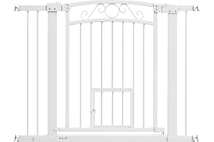 PawHut Cancelletto di Sicurezza per Cani da Interno, Cancelletto per Cani con 2 Estensioni 76-104 cm e Porta per Gatti, Cancello per Cani Animali Domestici Alto 77 cm, per Corridoio e Scale, Bianco