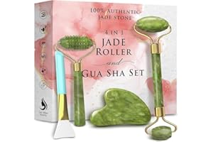 LEXI WHITE BEAUTY Gua Sha Viso Skin Care 4 in 1 | Massaggiatore Viso Antirughe Roller Viso | Rullo Di Giada Rullo Viso Guasha Viso Pietra | Guasha Viso Glossier Skincare Set Viso Completo | Jade Roller Quarzo Rosa Ice