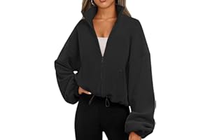 Famulily Womens Drawstring Hem Long Sleeve Crop Sweatshirt Tops Full Zip Fleece Short Jacket with Pockets S to XL