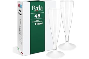 PERLA ITALIA Perla - 48 Flute Plastica - Calici Plastica Rigida 120ml - Bicchieri da Champagne Trasparenti - Calice Lavabile e Riutilizzabile per Feste Matrimoni e Compleanni (Gambo Bianco)