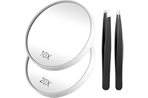Funtopia Petit Miroir Grossissant X20 et X10 et Pince à épiler, Miroir Compact avec 2 Ventouses, Miroir de Voyage pour Maquillage, épilation des Sourcils, élimination des Points Noirs (8,9 cm, Blanc)