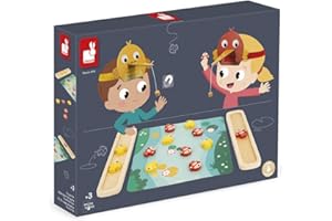 Janod - Pic Pic Fish - Jeu de Pêche à la Ligne Magnétique - Animation Fête et Anniversaire Enfant - Bois et Carton - Adresse et Motricité Fine -2 Joueurs - Dès 3 Ans, J07733