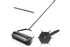 Fachmach Garden Rolling Lawn Aerator, Grass Aerator Roller Long Spikes 6cm, Detachable Handle, Heavy Duty Outdoor Manual Garden Lawn Tool, Quick Assembly Design, 44cm x 141cm(LxH)