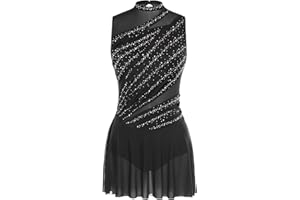 Oyolan Femme Robe Patinage Artistique Justaucorps Gymnastique Danse Strass sans Manches Tenue Danse Contemporaine S-XXL