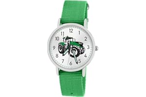 Pacific Time Montre-bracelet pour enfant garçon tracteur vert tracteur montre enfant voiture voiture bracelet textile aiguilles lumineuses analogique quartz