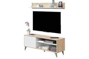 Habitdesign Modulo TV con Estante, Mueble de Salon, Juego de Muebles, Modelo Kikua Plus, Acabado en Blanco Artik y Roble Canadian, Medidas: 135 cm (Ancho) x 50 cm (Alto) 40 cm (Fondo)