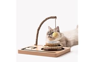 MEWOOFUN Jouet pour chat à 2 couches Plateau tournant et piste de jeu avec balles interactives suspendues et balle d'herbe à chat, jouets en bois robuste pour chats d'intérieur