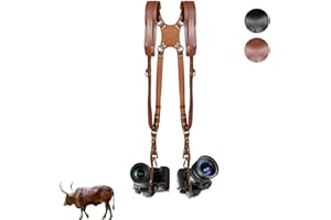 Hengme Leather Camera Strap, Double Shoulder Camera Harness Quick Release Adjustable camera shoulder strap for Two DSLR/SLR Cameras - 60 x 30-50cm (Brown)