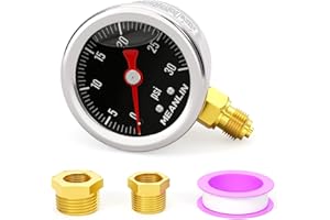 MEANLIN MEASURE 0~30Psi Stainless Steel 1/8" BSP 1.5" FACE DIAL, Glycerin Filled Pressure Gauge, Liquid Filled, Lower Mount(Black) with 1/4" BSP and 3/8" BSP Hex Bushing