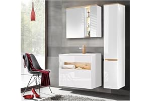 Lomadox Badezimmermöbel Badmöbel Set, Keramik-Waschtisch mit 80cm Unterschrank, Hochglanz weiß mit Wotaneiche, Hochschrank und LED-Spiegelschrank