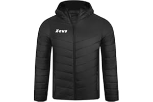 NUCLEO SPORT Giubbotto Start Giacca Sportiva Zeus Imbottita con Cappuccio, Nero, Blu, Design a Chevron, Cerniera Intera