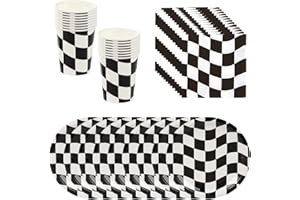 BlinBlin Voiture de Course Articles de Fête, Noir et Blanc Accessoires de fête D'anniversaire, Assiettes en Papier sur le Thème des Voitures de Course, Serviettes, Tasses, Pour 20 Invités