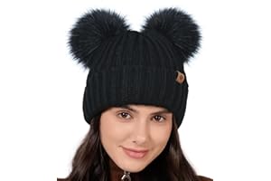 Creekstone Double Bobble Hat Pom Pom Beanie, Fleece Lined Winter Hats for Women Girls, Warm Knit Hat Faux Fur Pom Beanie