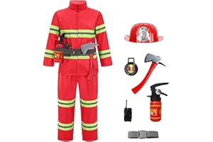 NaLatia Costume de Pompier pour Enfants Deguisement Chef des Pompiers avec 8 pcs Accessoires pour Halloween Carnaval Noël, L'éducation Aux Exercices D'incendie Cosplay Jeu de Rôle Jouets