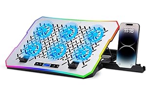NK Base di raffreddamento portatile da 17" - 10 modalità luci LED RGB, 6 ventole silenziose con velocità regolabili, 4 altezze regolabili, porta USB, telefono holder, raffreddamento rapido