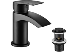 HPWVKVDB Basin Mixer Taps Waterfall Black with Slotted Pop-up Waste Bathroom Sink Tap Mixers Mono 1 Hole Single Lever Modern with G1/2'' Hoses Round Cloakroom Taps Hot and Cold Water Mixer
