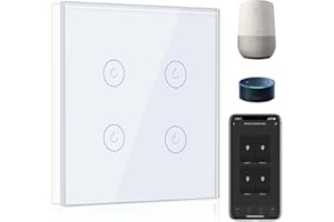 BSEED Interrupteur Connecté WiFi,4 Gang 1 Voie Interrupteur Tactile Mural en Verre WiFi, Compatible avec Alexa et Google Home, Blanc (Ligne Neutre Requis)