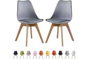 LIFE INTERIORS Single Set of 2/4/6 Retro Modern Dining Chairs – Lorenzo Plastic Chairs with Cushioned Pad Seat & Solid Beech Wooden Legs - Side Chair for Living Room Kitchen Office Lounge (Grey, Pack of 2)