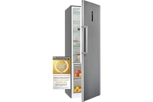 Exquisit® Frigorífico Vertical, 359L, Clase E, Material Acero Inox, 1 Puerta, Estantes de Cristal, 2 Cajones Verduleros, Control de Humedad, Luz LED, Consumo 118 kWh/año, Medidas 185,5x60x66 Cm.