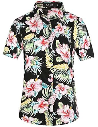 Générique Chemise Hawaienne Femme Col à Revers Shirt Tropic Jungle Imprimé Blouse Cardigan à Boutons Décontractées Vacances Tops De Plage D'été à Manches Courtes Lâche Respirant Hauts