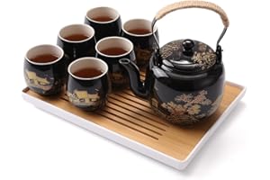 DUJUST Japanisches Teeservice, Schwarzes Porzellan Chinesisches Teeset mit Kanne und Tassen, Schönes Asiatische Teekanne Set für Teeliebhaber (Landschaft in Gold)
