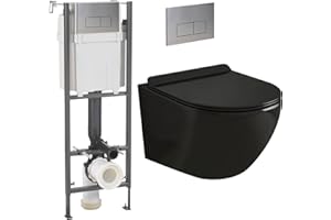 Coribi Pack Complet WC Sans Bride + Cuvette Suspendu Sans Bride + Plaque DESIGN - Toilette Design Moderne - Cuvette Céramique (Bâti initio sur mur porteur, Plaque inox)