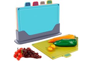 Pomeloone 4 Pièces Planche à Découper, Set Plastique Planche a Decouper sans BPA avec Supporter, pour Pain, Viande, Poisson, Légumes, Fruits - 30 x 22cm