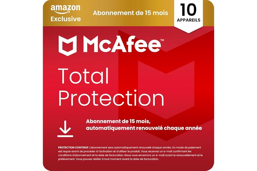 McAfee Total Protection 10 Appareils 2026, 15 mois| Amazon Exclusivité, Antivirus, VPN, Logiciel de sécurité | Abonnement, au