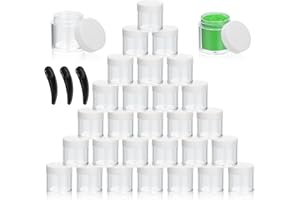 HAOCHEN 30 Pezzi Vasetti Plastica, 10g Contenitori Barattolo Cosmetici Vuoto Trasparente, Viaggio Contenitore Piccoli per Creme Barattolini Candele Campione, con 3 Pezzi Spatola (Bianco)