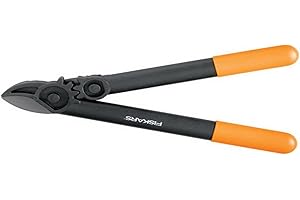 Fiskars Coupe-branches à enclume pour bois sec et dur, Système à crémaillère PowerGear II, Diamètre de coupe: 3,5 cm, Lames en acier trempé avec revêtement antiadhésif, Longueur: 39 cm, Noir/Orange