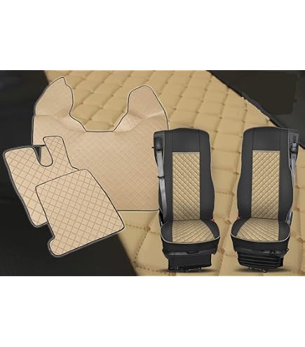 Set Coprisedili + Tappetini In Ecopelle Beige Per Camion DAF 106 XF CF - 1+1, Con Cuciture Rosse, Guida A Sinistra
