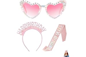 Syylqyr 3 PCS Pink Womens Sunglasses Set, Delicate 1 Birthday Sash for Women and 1 Birthday Tiara and 1 Pcs Heart Sunglasses Womens, Heart Shaped GGlasses Suitable Party Supplies for Female Girls